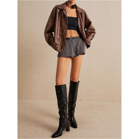 Women's Y2K Faux PU Leather Jacket Brown Vintage Shacket Button Jacket  zip up - Picture 8 of 8